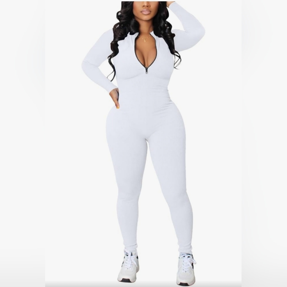 White Zipper Front Jumpsuit